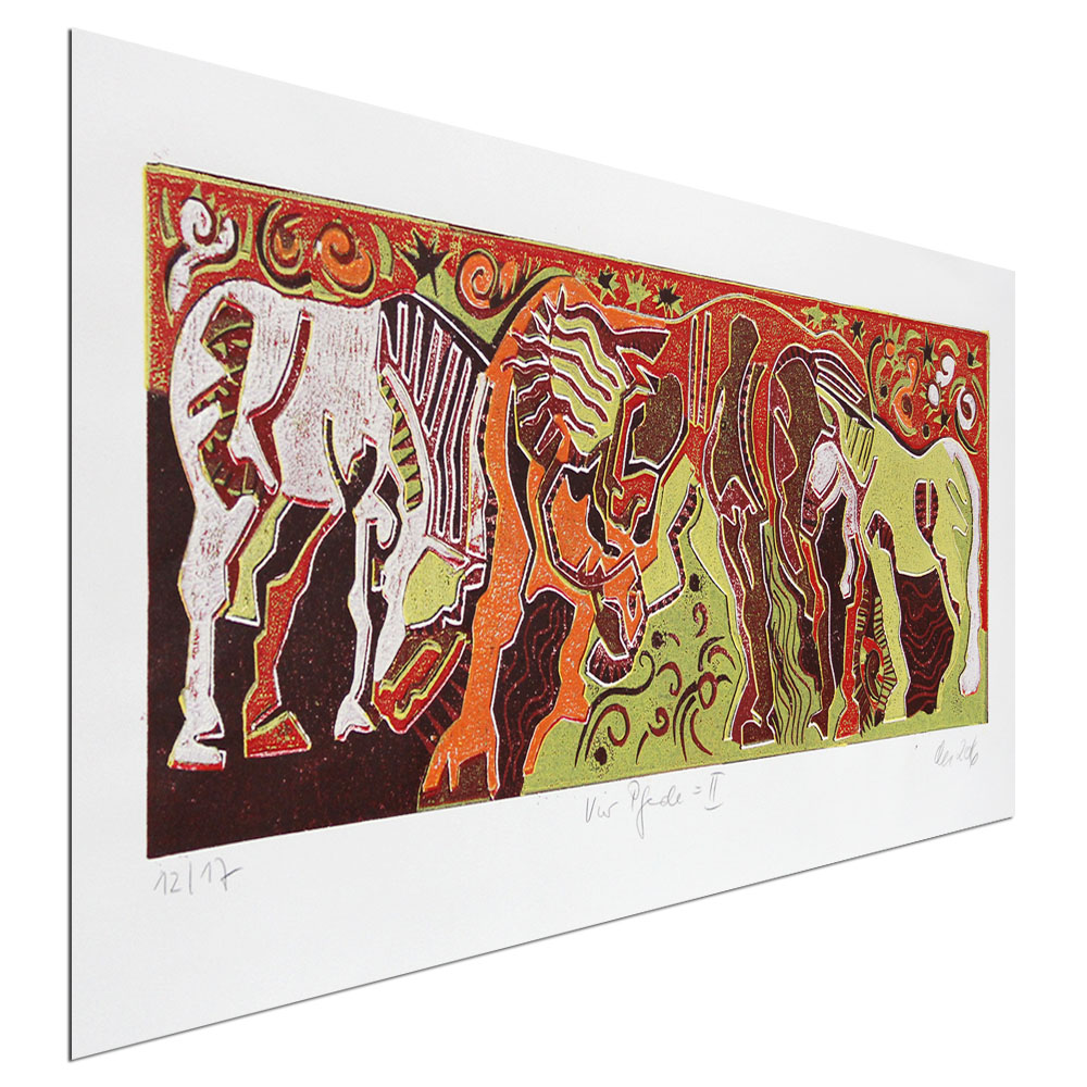 F.O. Haake: "Vier Pferde II", originale Grafik/serielles Unikat, mehrfarbiger Linoldruck