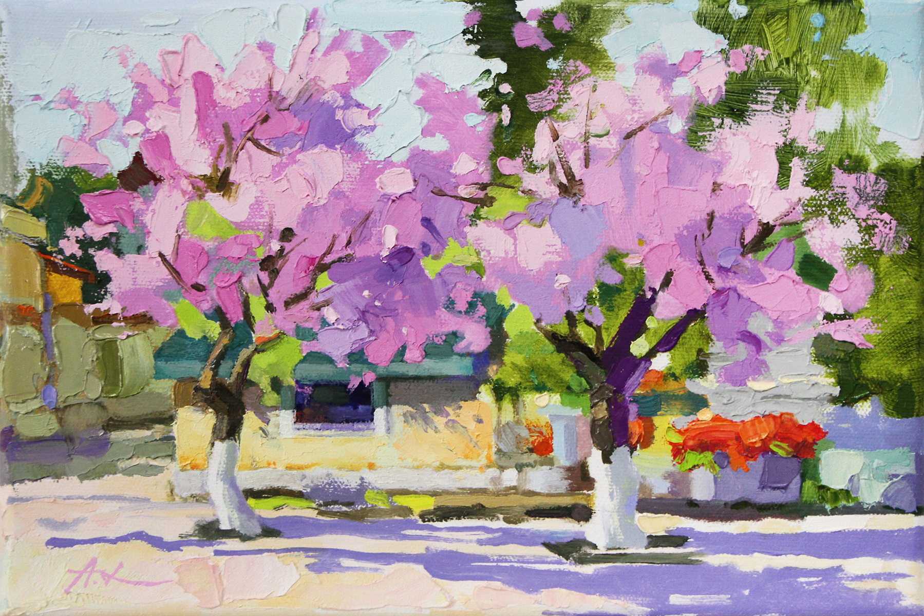 A. Larrett: "Zwei Kirschblütenbäume", Pleinairmalerei in Öl, Original/Unikat (A)