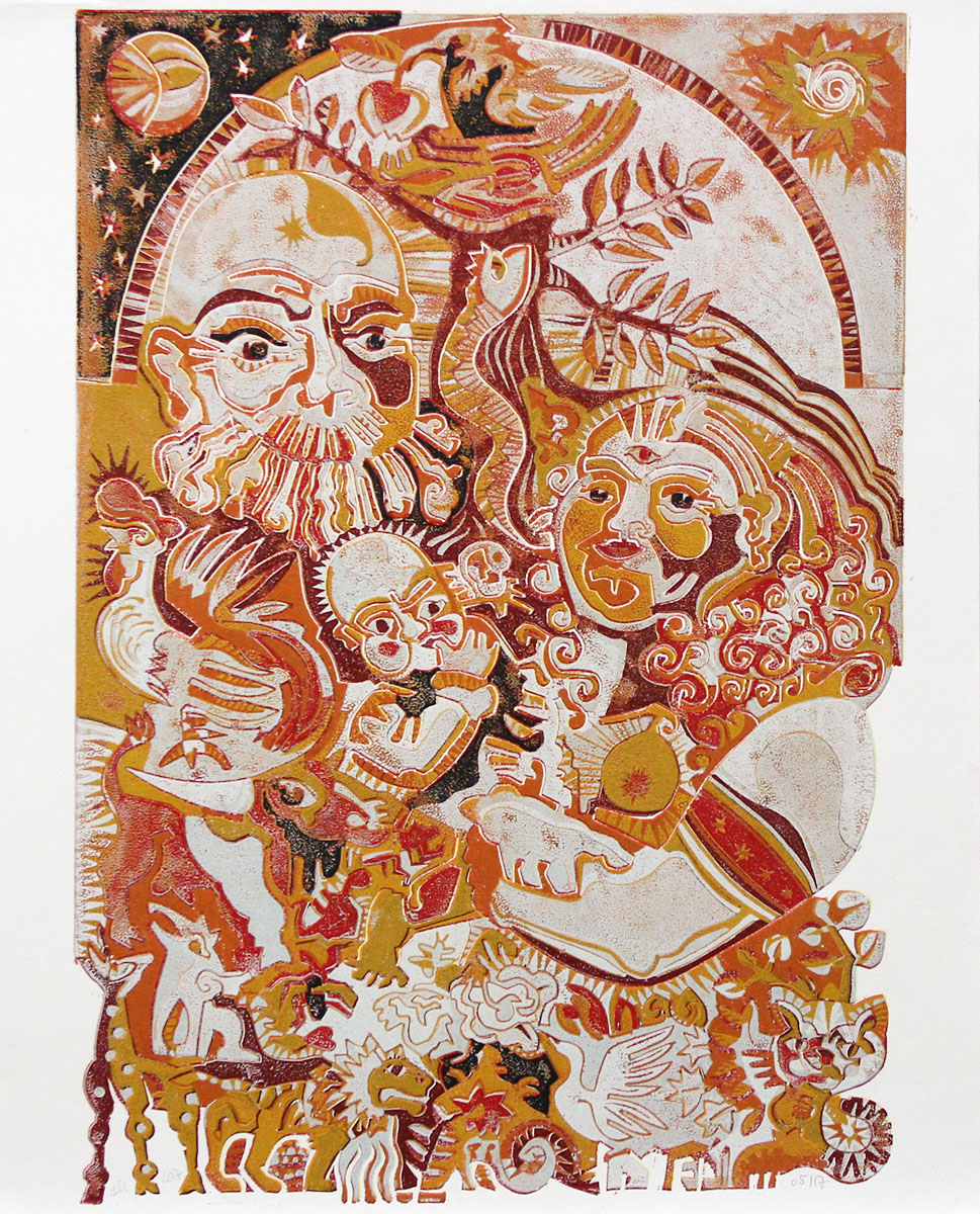 F.O. Haake: "Heilige Familie", originale Grafik/serielles Unikat, mehrfarbiger Linoldruck