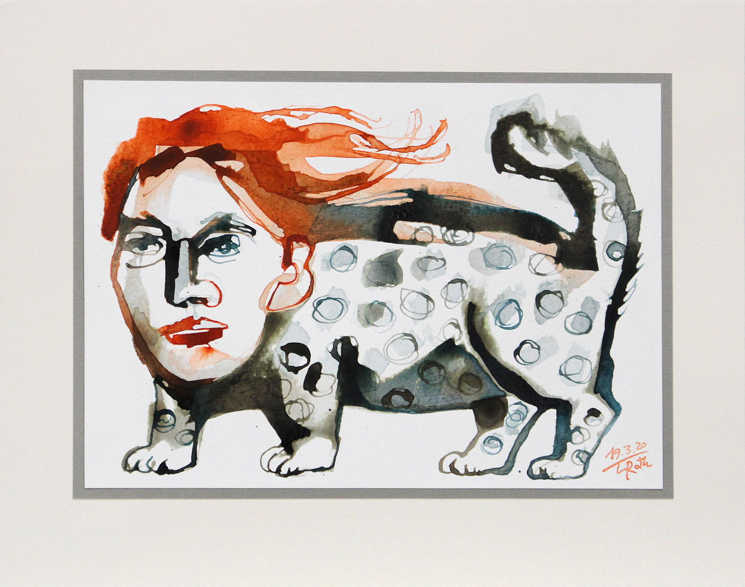 L. Roth: "Leopardenfrau", originale Grafik/Zeichnung (Unikat)