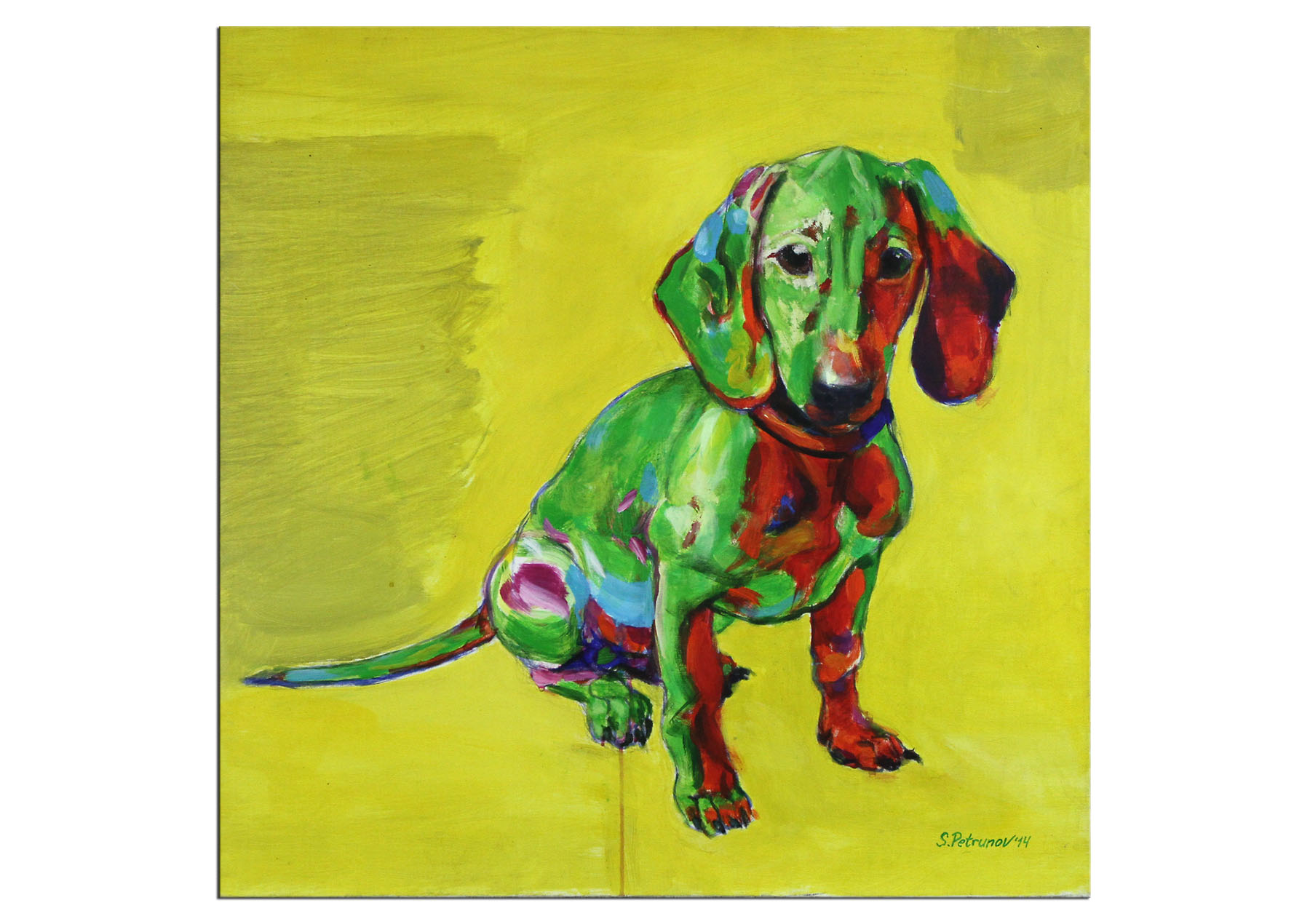 Zeitgenössisches Ölgemälde von Stefan Petrunov: "Green dachshund", Originalgemälde (Unikat)  (A)