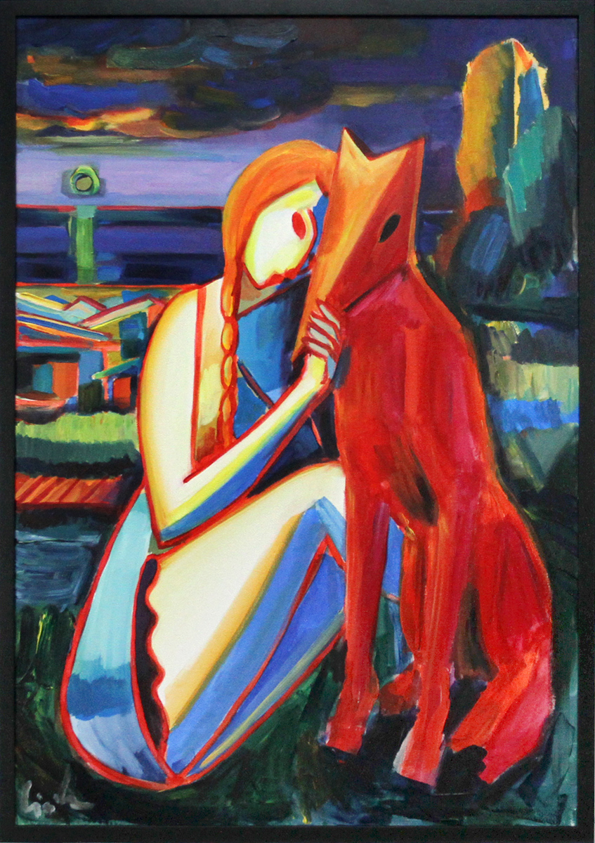 M. Cieśla: "Mädchen mit Hund, Sonnenuntergang III", Expressionistisches Acrylgemälde, Original/Unika