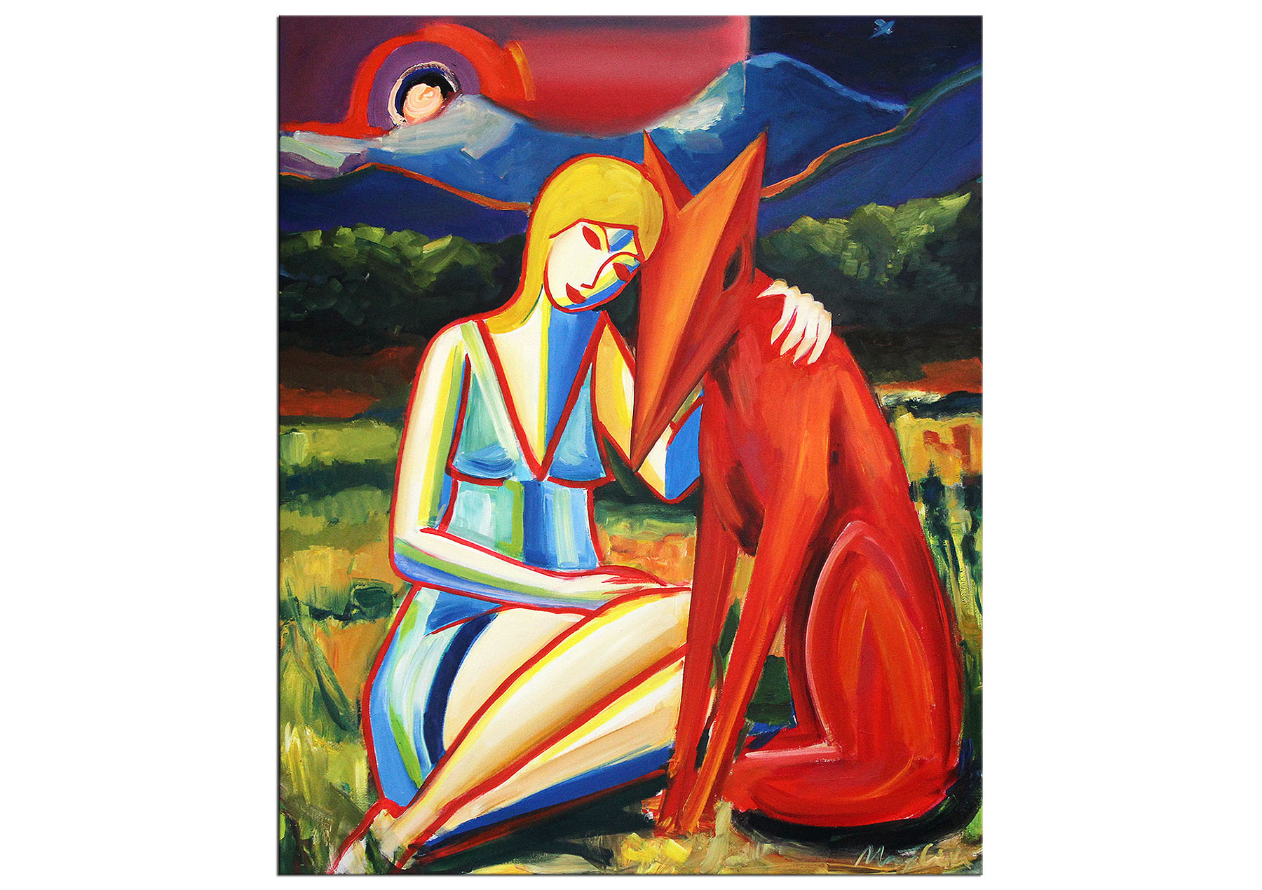 Moderne Ölmalerei, Maciej Cieśla: "Mädchen mit einem Hund, Sonnenuntergang in den Alpen" (A)