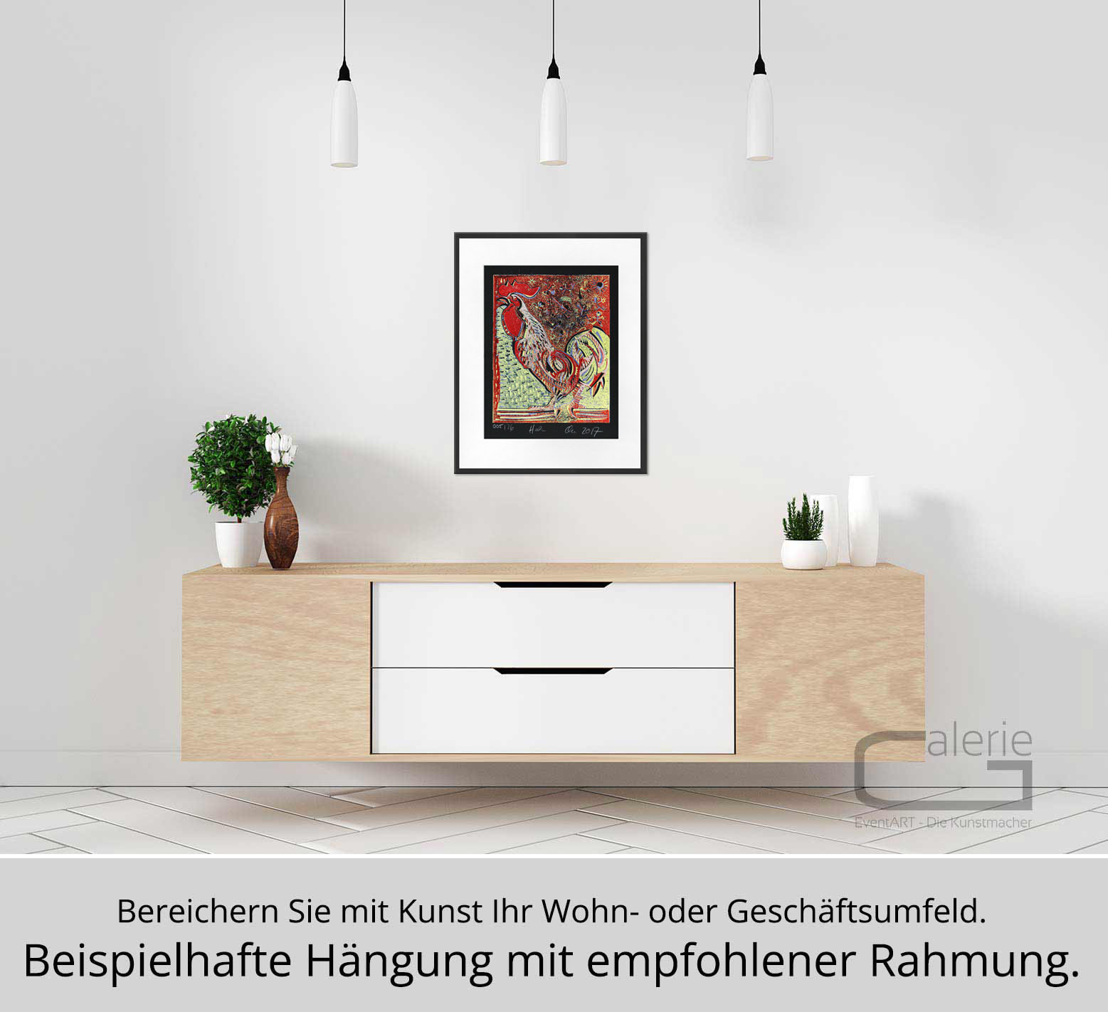 F.O. Haake: "Der Hahn - Blatt 005/26", originale Grafik/serielles Unikat, mehrfarbiger Linoldruck