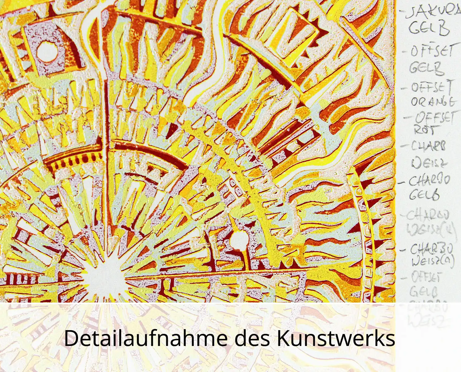 F.O. Haake: "Ohne Titel .T. (Weisz-10) Blatt 2/2", originale Grafik/serielles Unikat, mehrfarbiger Linoldruck