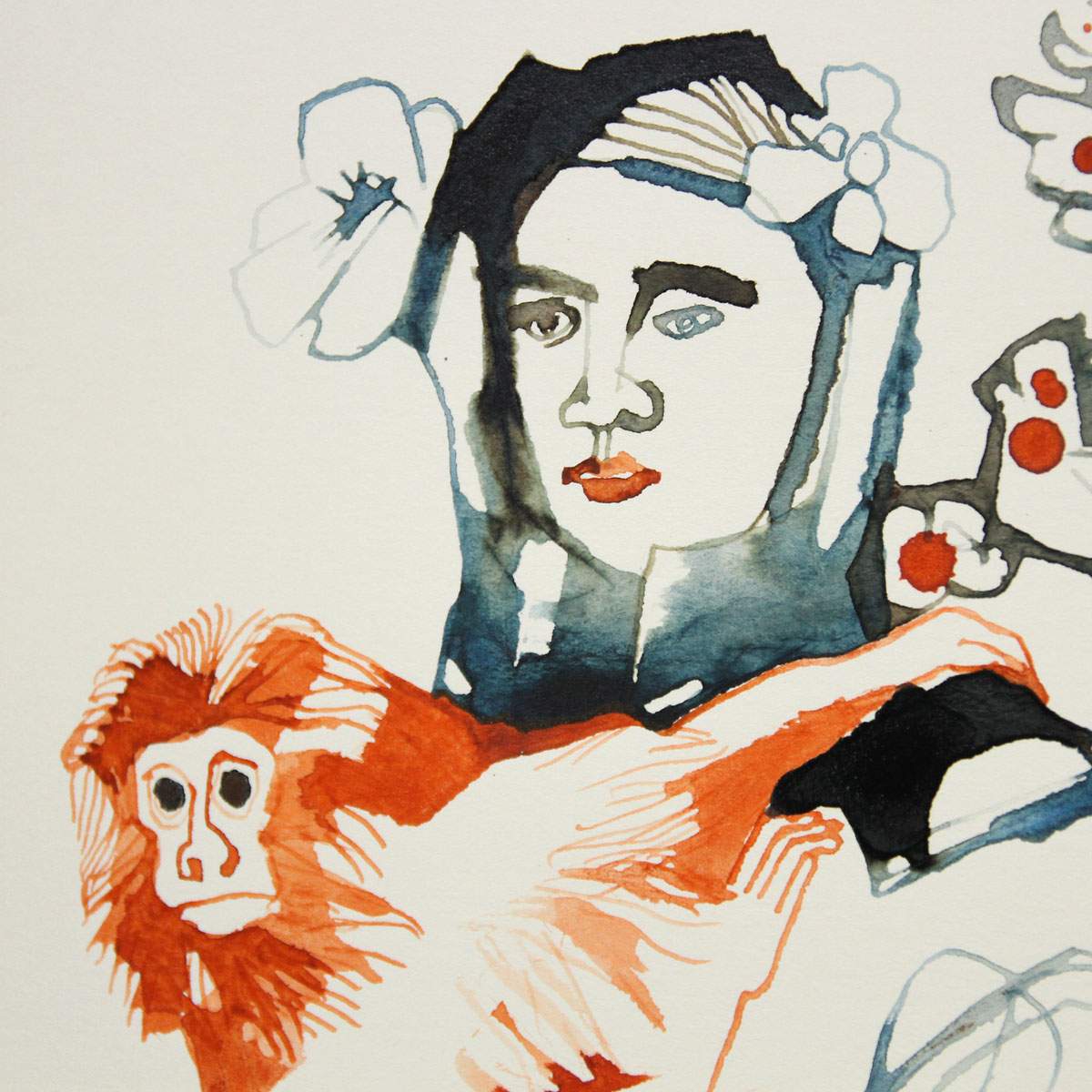 L.Roth: "Mädchen mit Affen", originale Grafik/Zeichnung (Unikat)