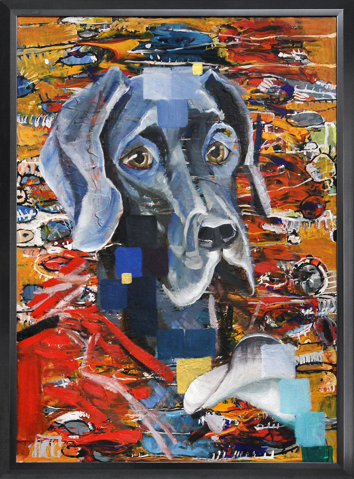 Expressive Ölmalerei: Blaue Dogge mit Lilie, Original/Unikat, D. Block