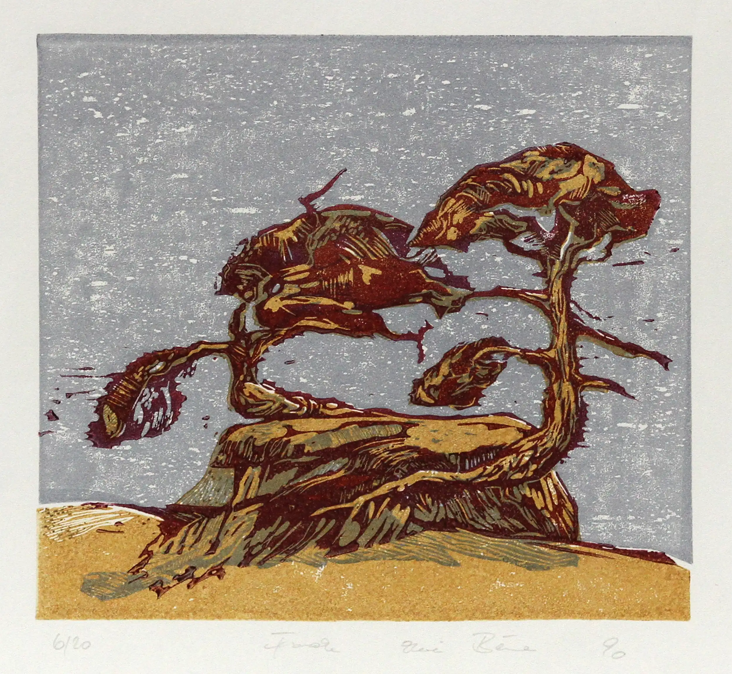 F.O. Haake: "Zwei Bäume, Nr. 6/20", originale Grafik/serielles Unikat, mehrfarbiger Linoldruck