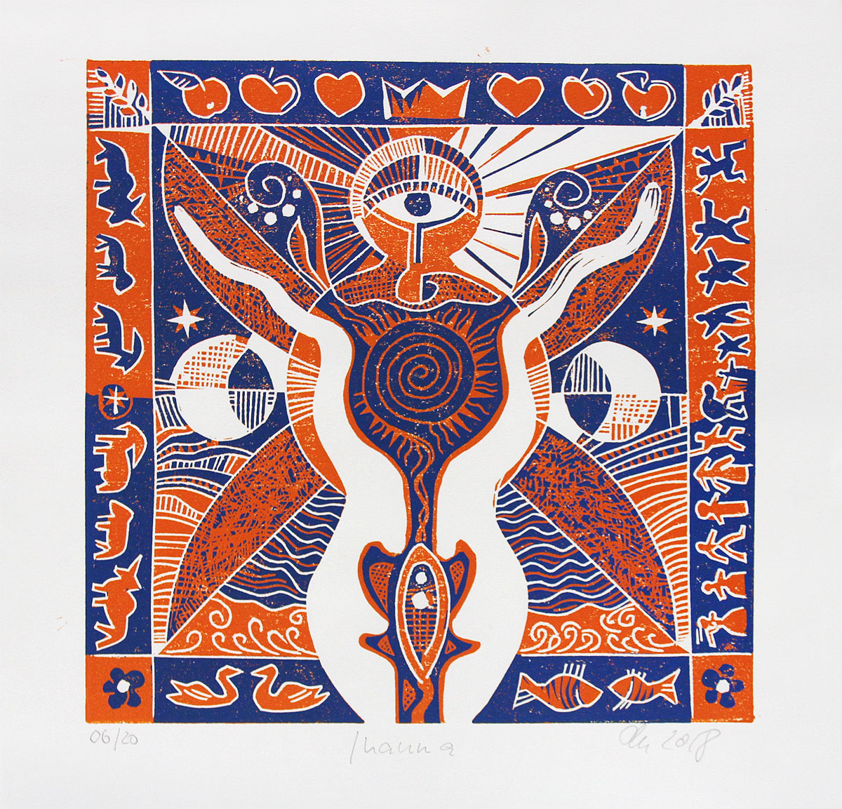 F.O. Haake: "Inana - Blatt 16/20", originale Grafik/serielles Unikat, mehrfarbiger Linoldruck