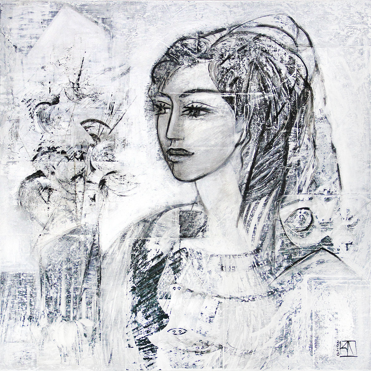 K. Namazi: "Renaissance-Dame mit Blumen", modernes Originalgemälde (Unikat) (ri, A)