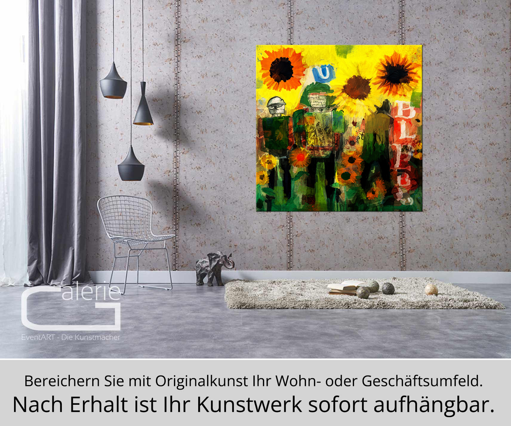 Moderne Pop Art: Sonnenblumen mit Soldaten, H. Mühlbauer-Gardemin, Original (serielles Unikat)