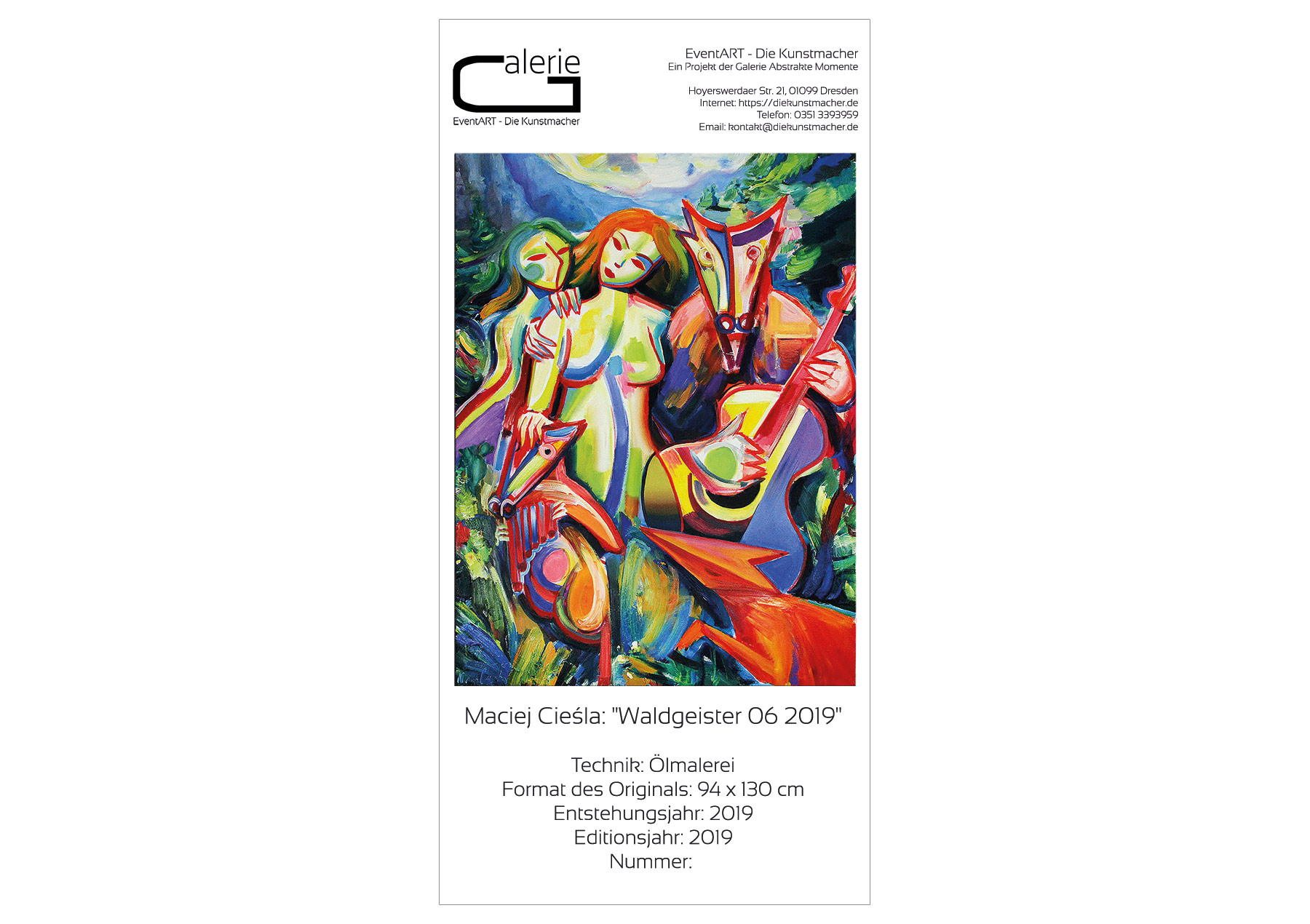Sonderedition, Monatsgemälde als Kunstdruck v. Maciej Cieśla: "Waldgeister 06 2019", Nr. 7/250
