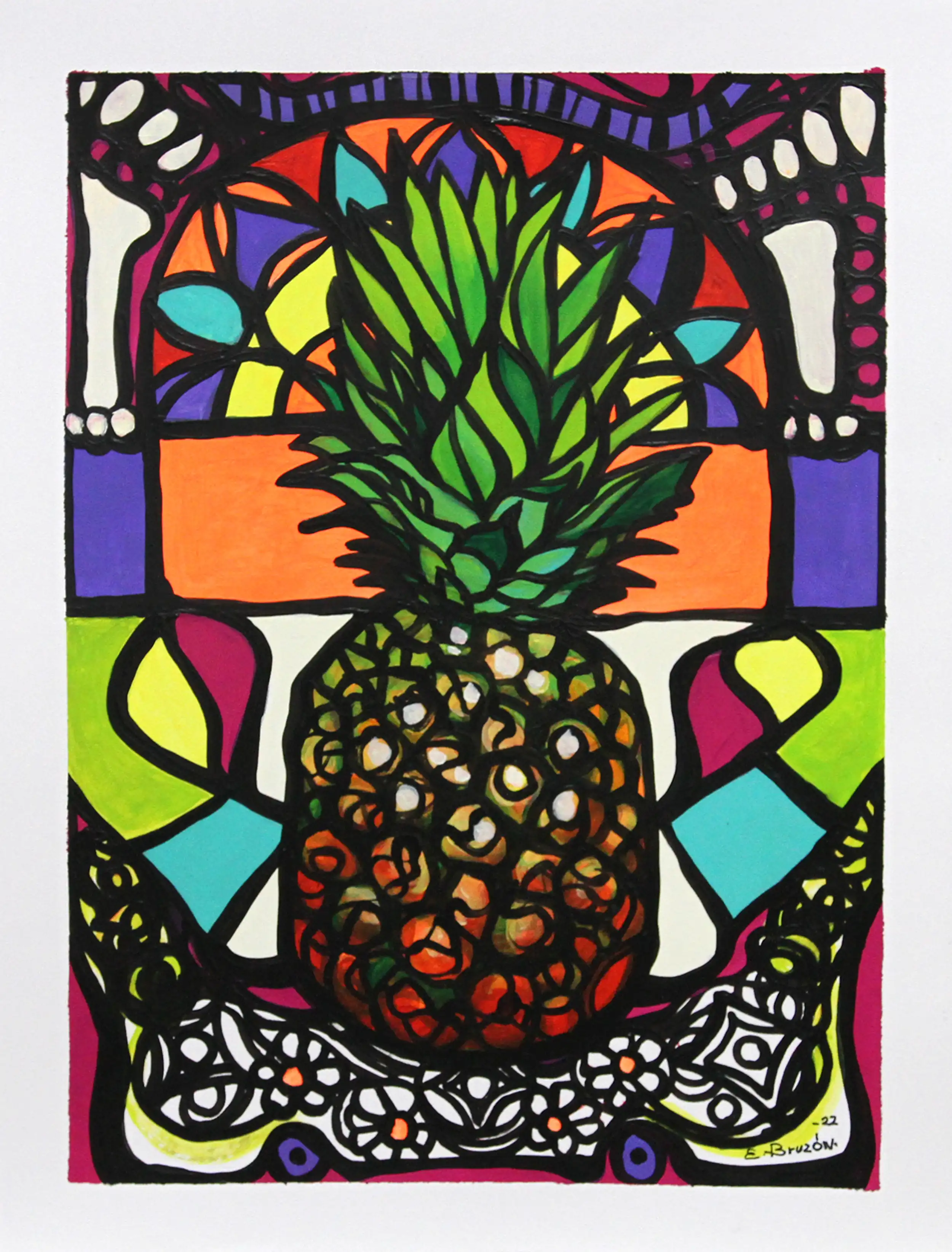 Originales Acrylbild: "Ananas im Fenster", E. Bruzon, Acrylmalerei auf Karton (Unikat)