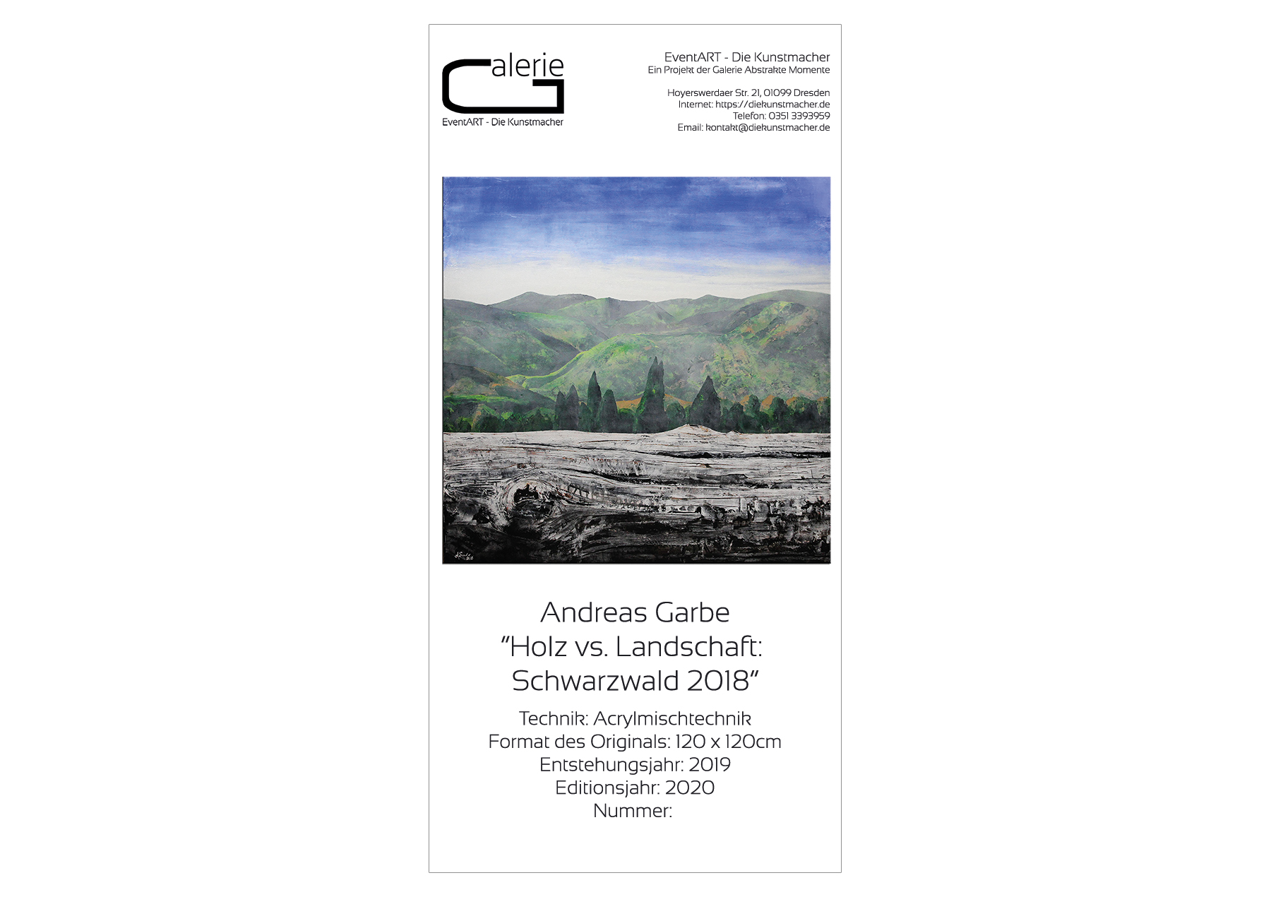 A. Garbe: "Holz vs. Landschaft: Schwarzwald 2018", Sonderedition, Monatsgemälde als Kunstdruck--