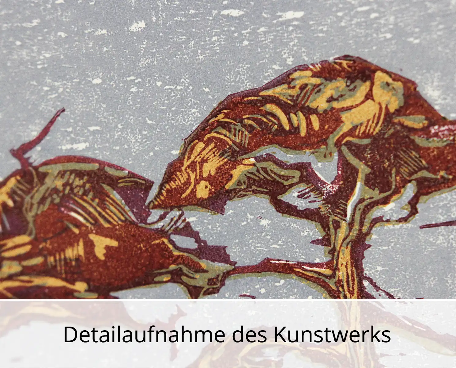 F.O. Haake: "Zwei Bäume, Nr. 6/20", originale Grafik/serielles Unikat, mehrfarbiger Linoldruck