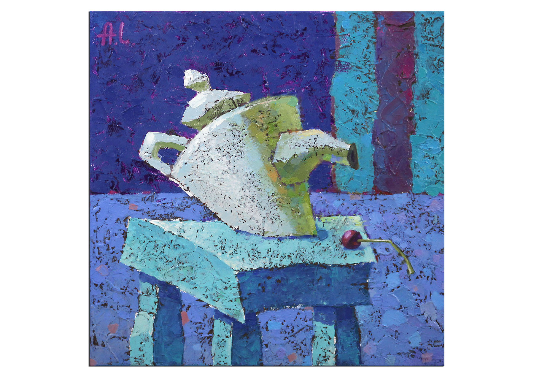 Modernes Acrylgemälde von Andy Larrett: "Teekanne auf einem Hocker"