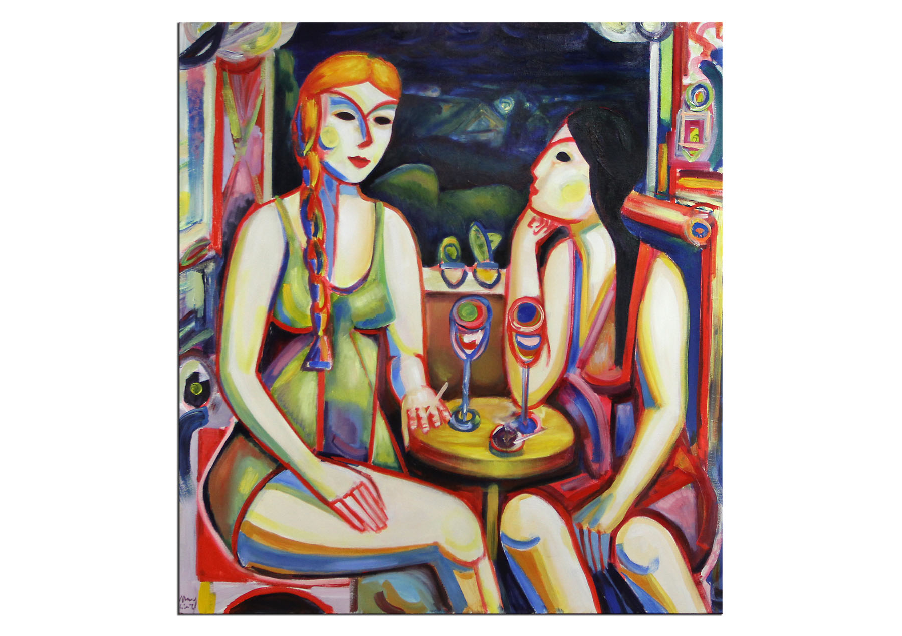 (VERKAUFT) Ölmalerei, Maciej Cieśla: "Langweiliger Abend, zwei Mädchen"