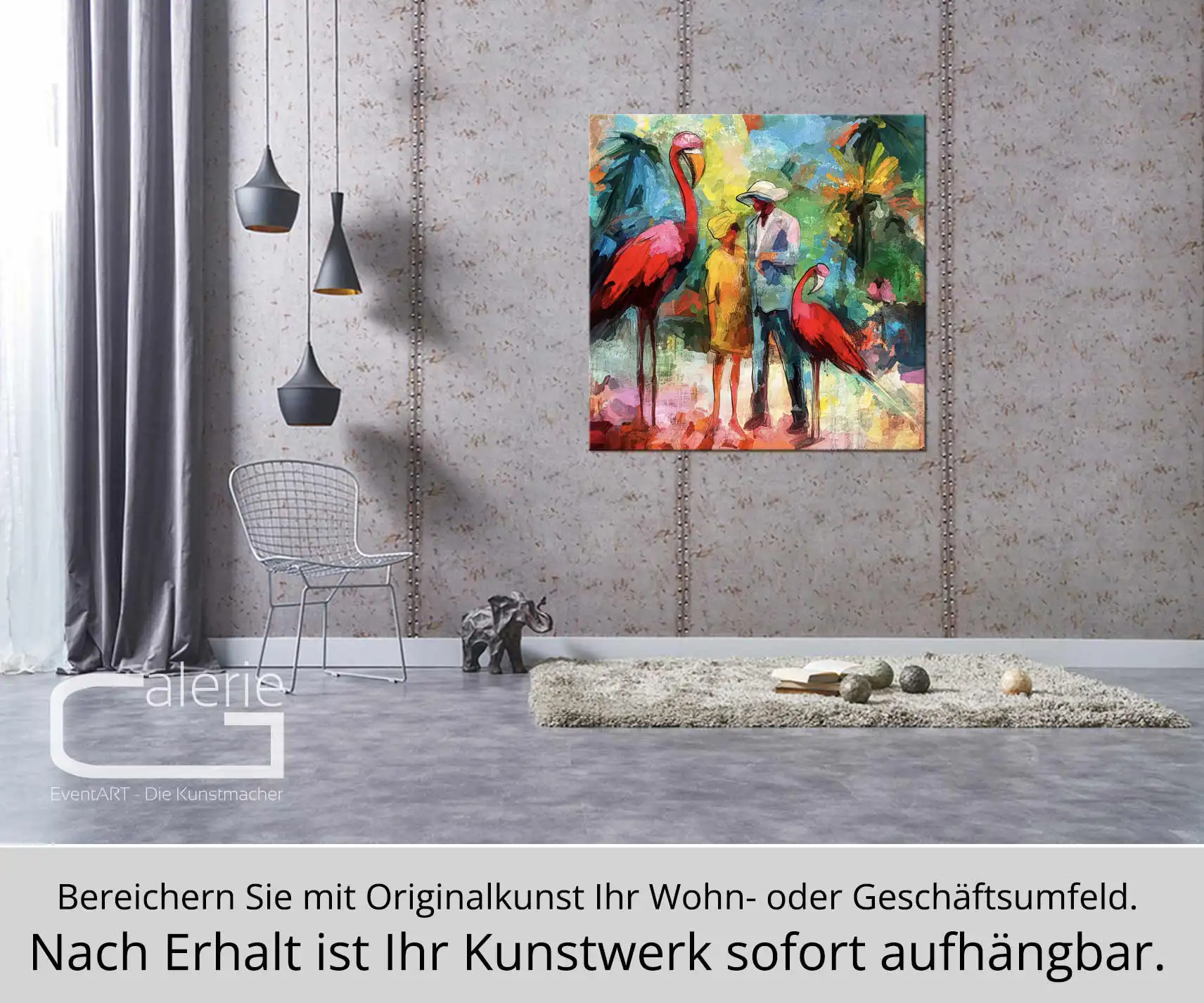 Moderne Pop Art: "Paar mit Flamingos", H. Mühlbauer-Gardemin, Original/serielles Unikat