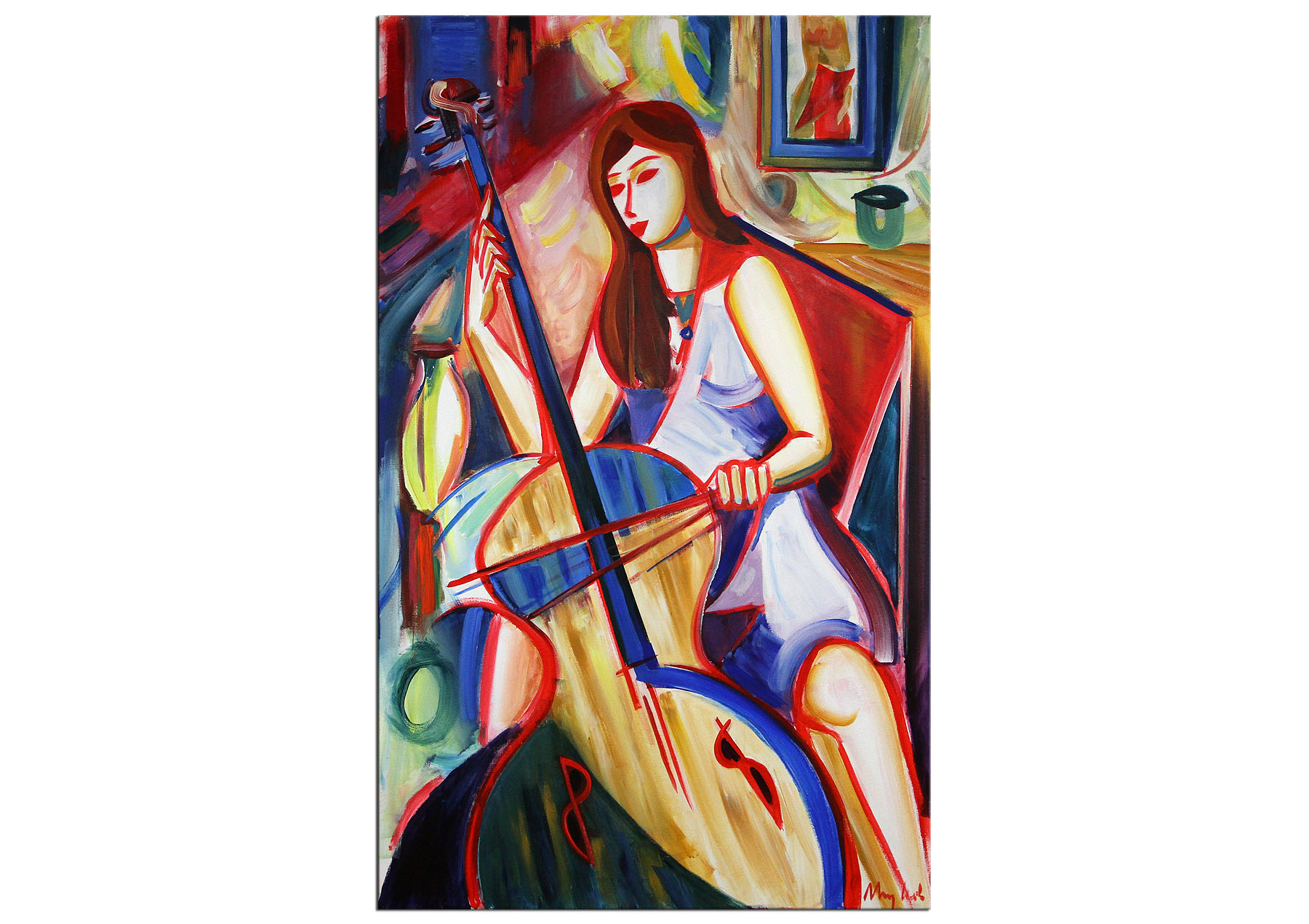 Acrylmalerei , Maciej Cieśla: "Komposition mit einem Mädchen und Cello III", Originalgemälde (Unikat