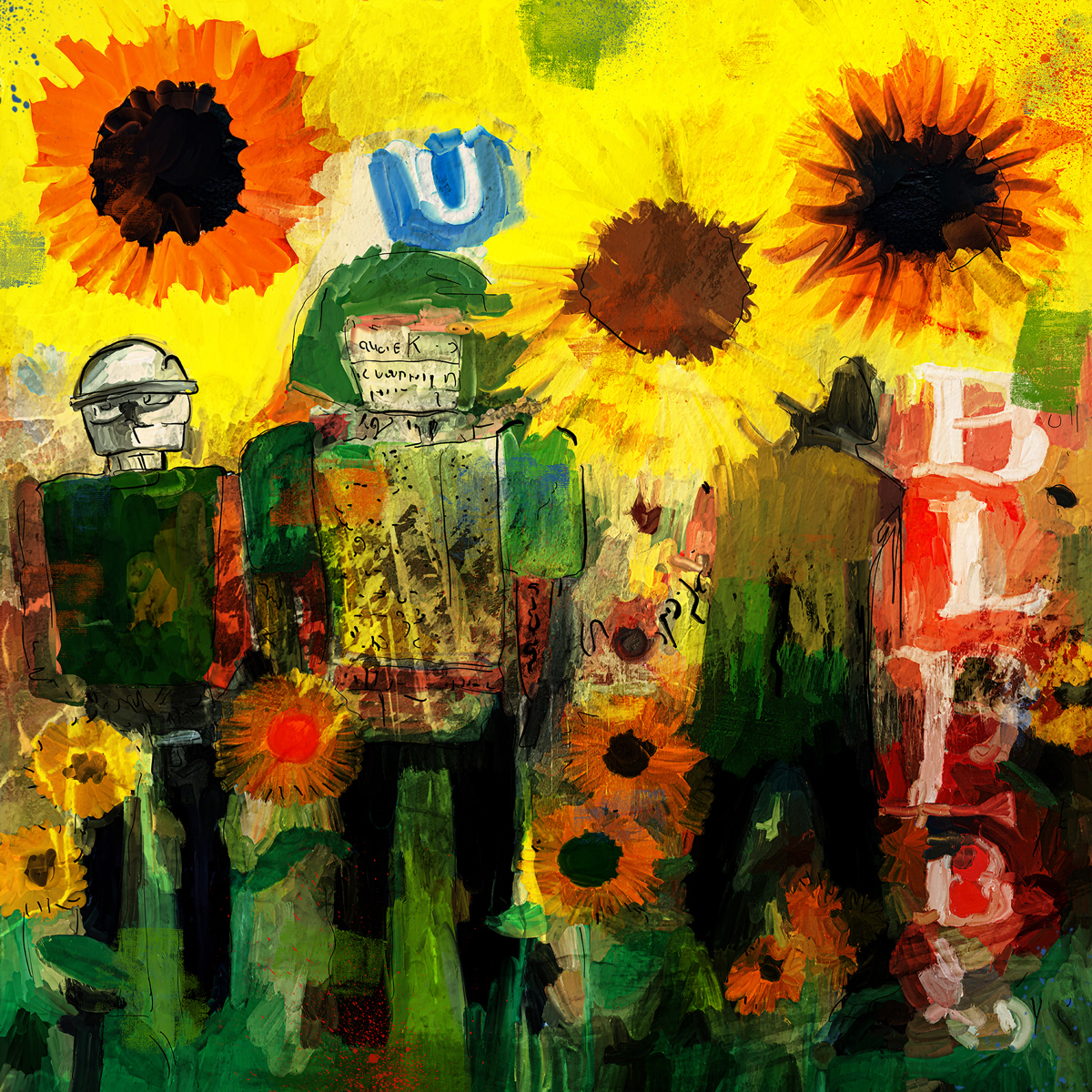 Moderne Pop Art: Sonnenblumen mit Soldaten, H. Mühlbauer-Gardemin, Original (serielles Unikat)